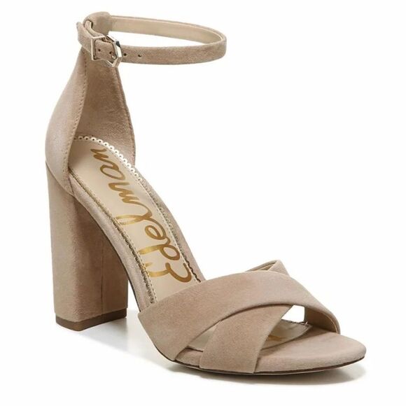 SAM EDELMAN Yancy Tan Suede Block Heel Sandal Ankle Strap Peep Toe Beige Size 11 - Picture 1 of 13